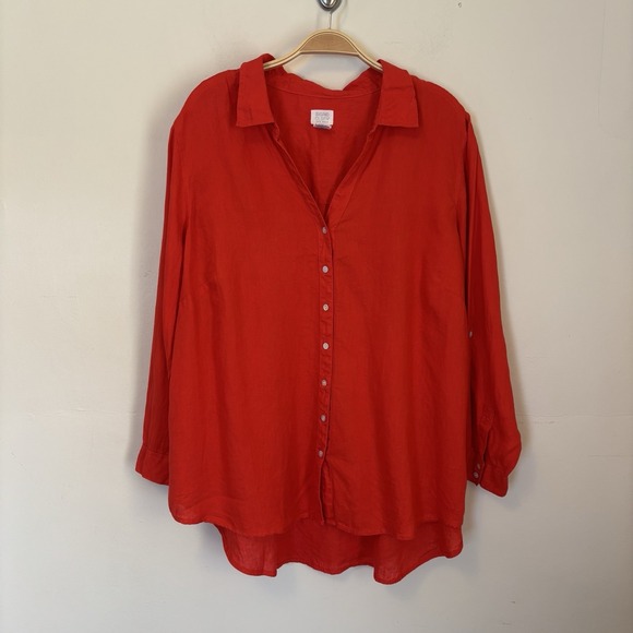 Sigrid Olsen 100% Linen Roll Tab Sleeve Button Up Shirt 2X Red Coastal Vacation - Picture 1 of 6